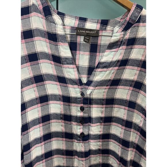 Lane Bryant Women's Plus Sz 14 16 Pink Black Plaid Flannel Flared Bottom Shirt - Picture 5 of 12